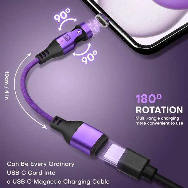 Alt view image 2 of 7 - Magnetic USB Adapter Type C to C with 10cm Short Cable 16PIN Anti-Arc Stable PD 240W Fast Charging USB-C 180° Rotation Swivel Connector 480MBPS(2 Cable 6 Tips Set)