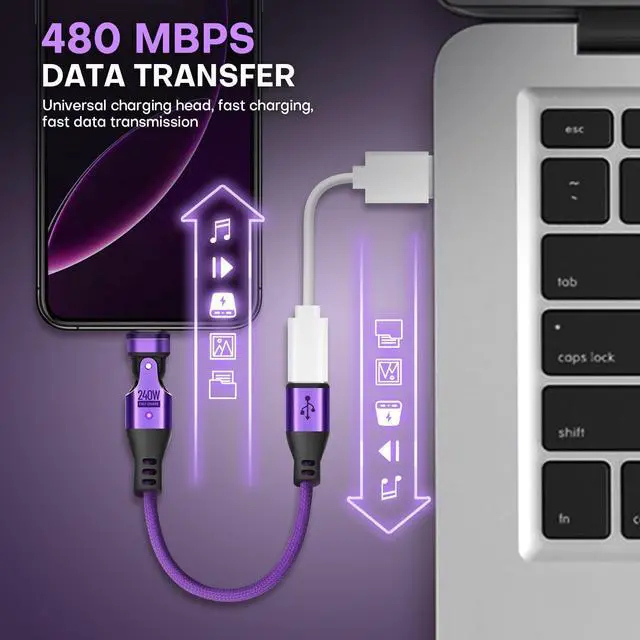 Alt view image 4 of 7 - Magnetic USB Adapter Type C to C with 10cm Short Cable 16PIN Anti-Arc Stable PD 240W Fast Charging USB-C 180° Rotation Swivel Connector 480MBPS(2 Cable 6 Tips Set)