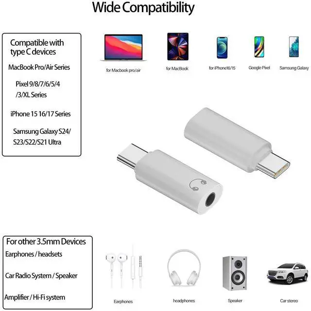 Alt view image 2 of 7 - USB C to 3.5mm Headphone Jack Adapter, Audio to USB c Adapter,Type C to Aux Audio Dongle Compatible with iPhone 16 Pro Max 15 Pro Max, Samsung Galaxy S24 S23 S22, Pixel, iPad Pro, MacBook(2 Packs)
