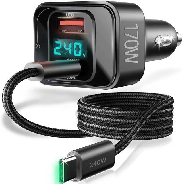 Main image of 170W USB C Car Charger, PD3.1 140W + 30W Dual-Port Fast Charging Adapter with 240W USB-C Cable, Smart Digital Voltage/Power Display, 12V-24V for MacBook Pro/Air, iPhone 17/16, Galaxy S26/S25, iPad