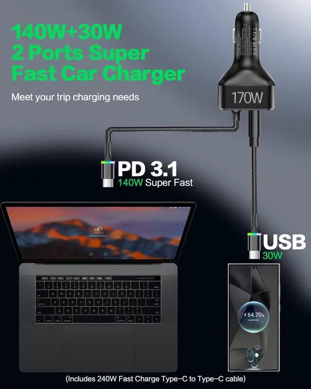 Alt view image 2 of 3 - 170W USB C Car Charger, PD3.1 140W + 30W Dual-Port Fast Charging Adapter with 240W USB-C Cable, Smart Digital Voltage/Power Display, 12V-24V for MacBook Pro/Air, iPhone 17/16, Galaxy S26/S25, iPad