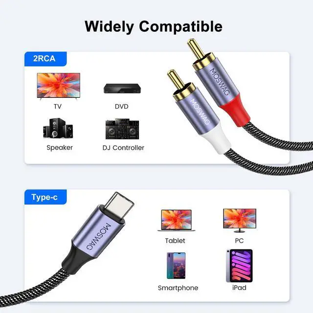Alt view image 6 of 6 - USB C to 2 RCA Audio Cable 3.3FT, Type C to 2 Male Y RCA Splitter, ype C to 2RCA Jack Male Y Splitter Cord Adapter Compatible iPhone 1615, Home Theater Amplifier TV Speaker Hi-Fi Amplifer