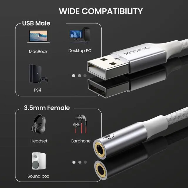 Alt view image 2 of 6 - USB to 3.5mm Jack Audio Adapter,USB to Aux Cable with TRRS 4-Pole Mic-Supported Computer Headphone Microphone AUX Adapter External Sound Card for Laptop PC PS4 PS5 (0.65Feet/20cm, White)