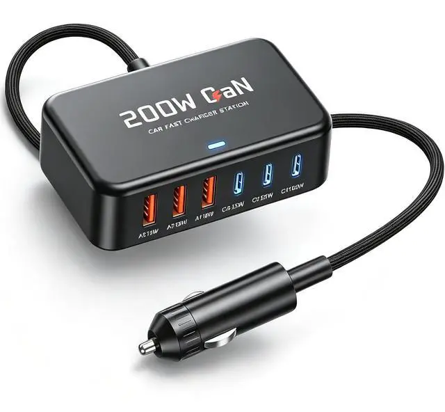 Main image of 200W Car Charger 6-Port USB Car Charging Station - 12V 24V Cigarette Lighter Adapter Fast Charging Road Trip Automobile Charger for iPhone 17/16 Pro Max, MacBook Pro/Air, Laptop, iPad, Tablet