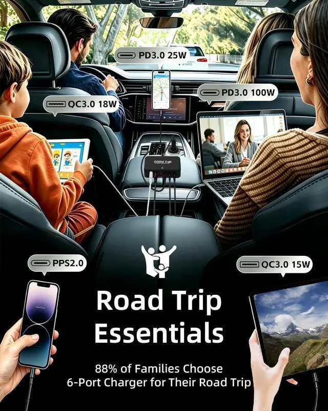 Alt view image 2 of 7 - 200W Car Charger 6-Port USB Car Charging Station - 12V 24V Cigarette Lighter Adapter Fast Charging Road Trip Automobile Charger for iPhone 17/16 Pro Max, MacBook Pro/Air, Laptop, iPad, Tablet