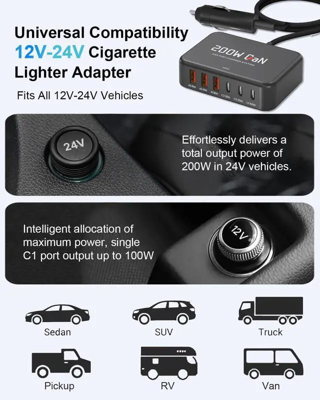 Alt view image 4 of 7 - 200W Car Charger 6-Port USB Car Charging Station - 12V 24V Cigarette Lighter Adapter Fast Charging Road Trip Automobile Charger for iPhone 17/16 Pro Max, MacBook Pro/Air, Laptop, iPad, Tablet