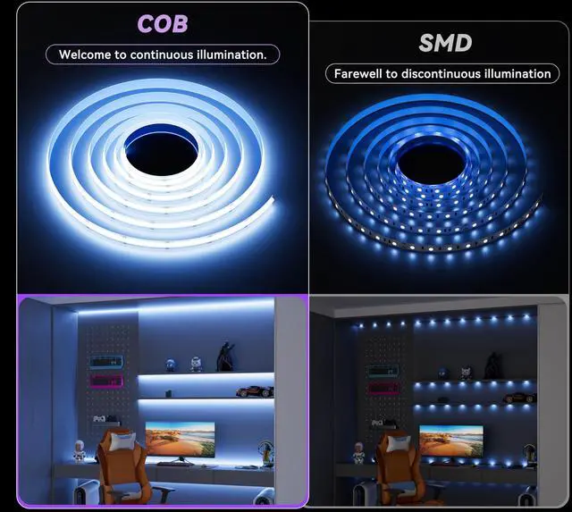 Alt view image 2 of 7 - RGB COB LED Strip Light, UL-Listed Music Sync Color Changing Dimmable Super Bright LED Lights, Multicolor Flexible Tape Light with RF Remote/App Control, for Bedroom, Party DIY Decor, 32.8ft