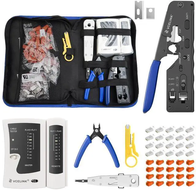 Main image of RJ45 Crimp Tool, All-In-One Ethernet Pass Through Crimper for CAT7 CAT6A CAT6 CAT5e CAT5 Ethernet Connectors by Screw Adjustment (Kit-with Punch down Tool)