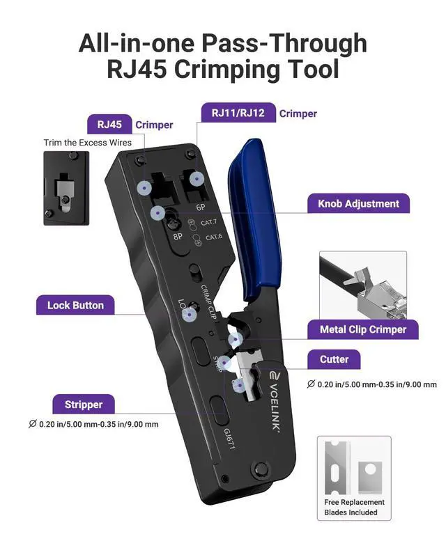 Alt view image 4 of 7 - RJ45 Crimp Tool, All-In-One Ethernet Pass Through Crimper for CAT7 CAT6A CAT6 CAT5e CAT5 Ethernet Connectors by Screw Adjustment (Kit-with Punch down Tool)
