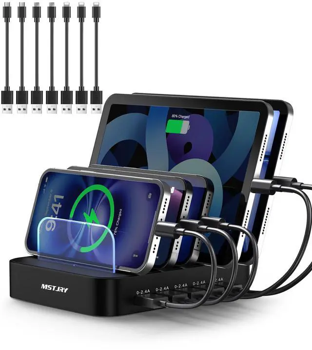 Main image of Charging Station for Multiple Devices : 5 Port Multi USB-A Charger Stations Multi-Device Organizer Charging Dock Designed for iPhone iPad Cell Phone Tablets (7 Short Cables Included), Black