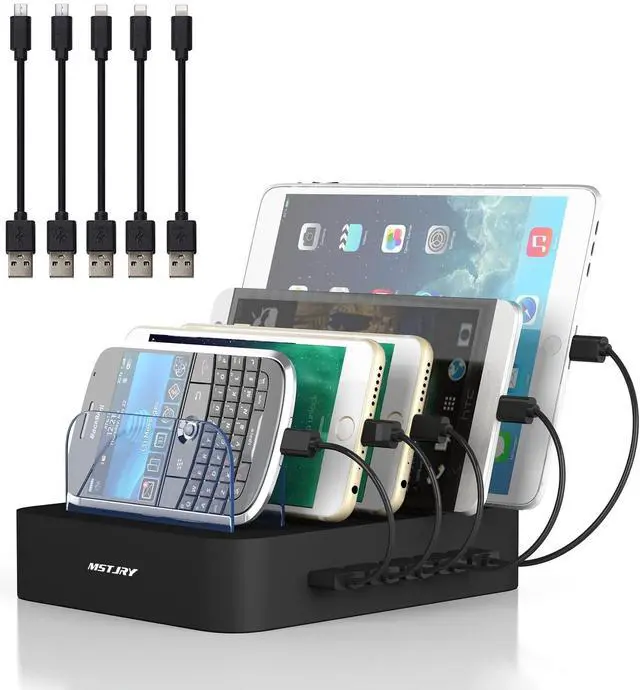 Alt view image 4 of 7 - Charging Station for Multiple Devices : 5 Port Multi USB-A Charger Stations Multi-Device Organizer Charging Dock Designed for iPhone iPad Cell Phone Tablets (7 Short Cables Included), Black