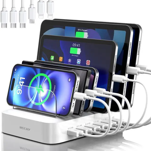 Main image of Charging Station for Multiple Devices : 6 Port USB Charger Stations - Family Multi-Device Organizer Charging Dock - Designed for iPhone iPad Android Cell Phone Tablet and Electronic, White