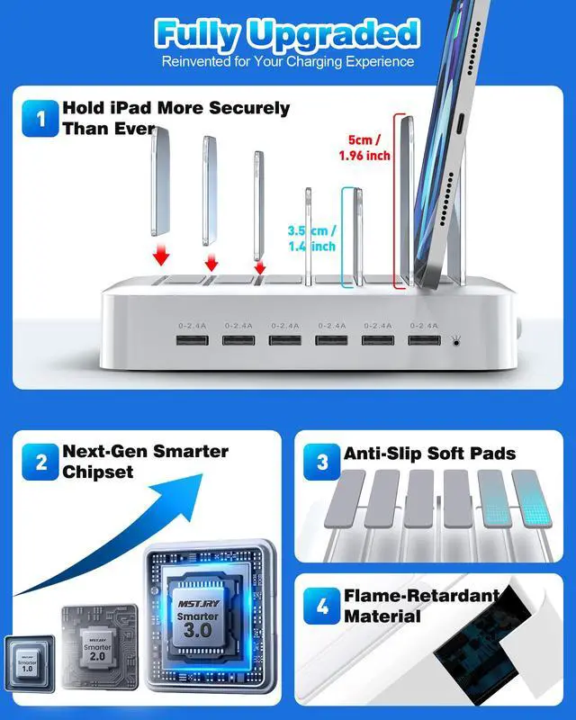 Alt view image 2 of 7 - Charging Station for Multiple Devices : 6 Port USB Charger Stations - Family Multi-Device Organizer Charging Dock - Designed for iPhone iPad Android Cell Phone Tablet and Electronic, White