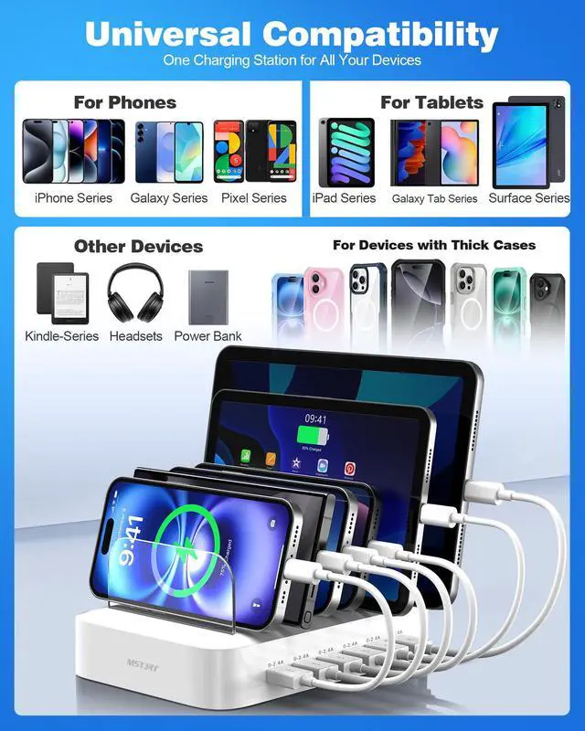Alt view image 6 of 7 - Charging Station for Multiple Devices : 6 Port USB Charger Stations - Family Multi-Device Organizer Charging Dock - Designed for iPhone iPad Android Cell Phone Tablet and Electronic, White