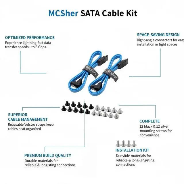 Alt view image 2 of 7 - 20" Inch 6GB/s SATA 3.0 Data Cable, Power Splitter Cable, Mounting Screws Set, SSD HDD/Hard Drive Connection Kit