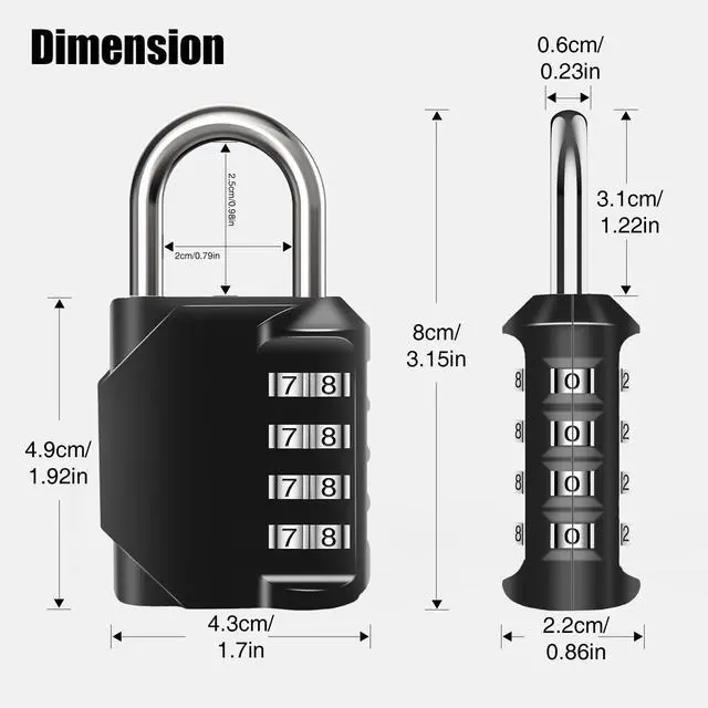 Alt view image 2 of 7 - Combination Lock, 4-Digit Waterproof Padlocks with Combination Code, Zinc Alloy Outdoor Lock for Door, Gym, Tool Boxes, Schools, Fences, Cabinet & Storage-Dark Black