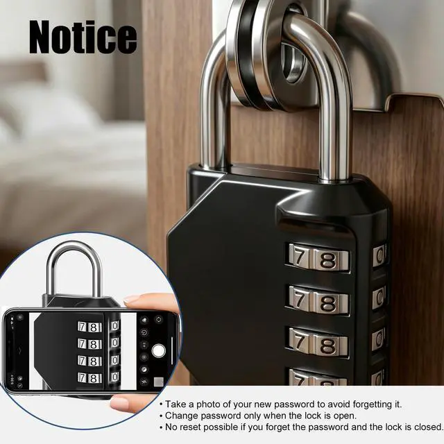 Alt view image 6 of 7 - Combination Lock, 4-Digit Waterproof Padlocks with Combination Code, Zinc Alloy Outdoor Lock for Door, Gym, Tool Boxes, Schools, Fences, Cabinet & Storage-Dark Black