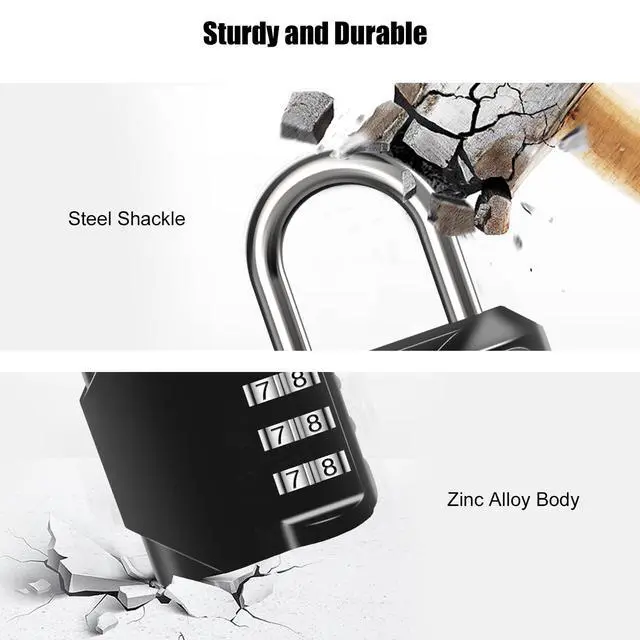 Alt view image 4 of 7 - Combination Lock, 4-Digit Waterproof Padlocks with Combination Code, Zinc Alloy Outdoor Lock for Door, Gym, Tool Boxes, Schools, Fences, Cabinet & Storage-Dark Black