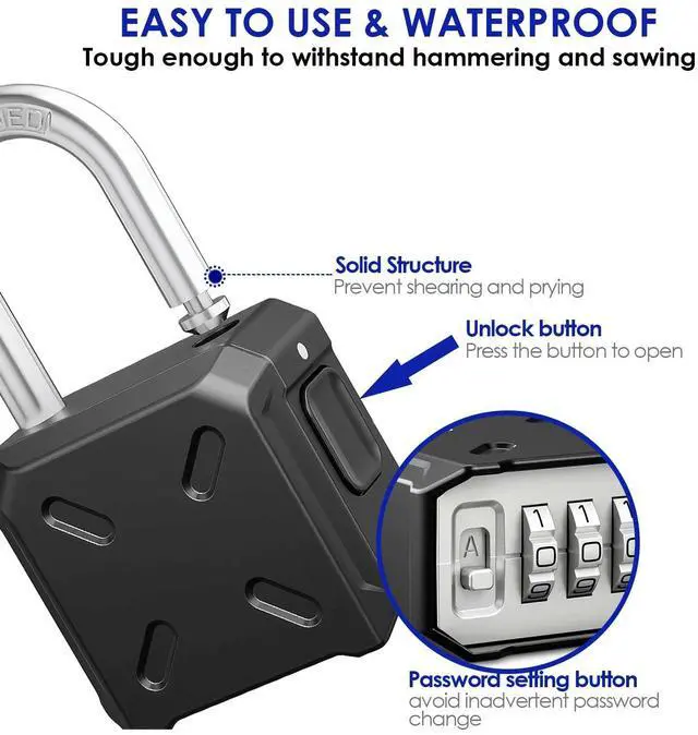 Alt view image 3 of 7 - Heavy Duty Combination Lock, 4 Digit Padlock Metal Outdoor, Weatherproof Alloy Locks One-Touch Unlocking, High Security Large Padlocks for Sheds, Fence, Gate Hasps, Storage Unit-Black