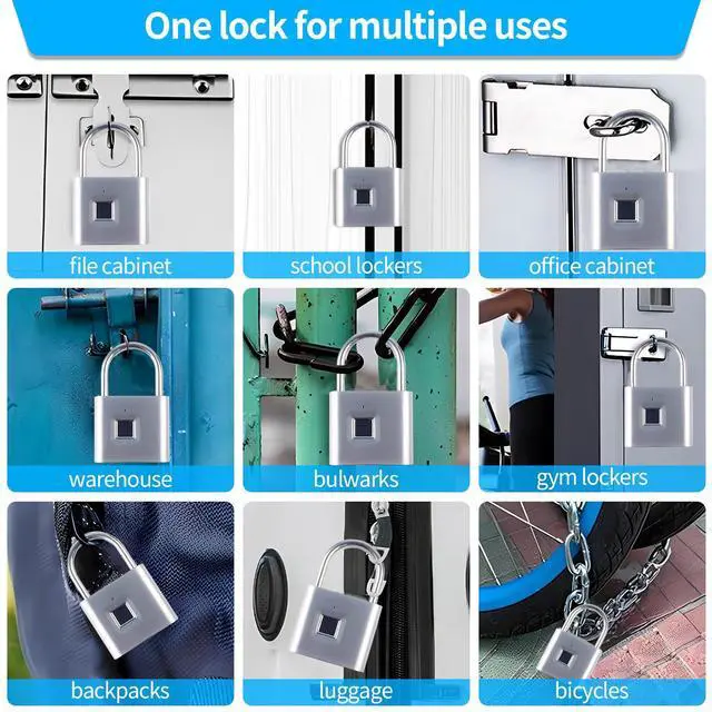 Alt view image 2 of 7 - Fingerprint Padlock with Emergency Key, IP66 Waterproof and Rustproof, Outdoor Indoor Universal Smart Lock for Warehouses, Gym, Schools, Homes, Office Cabinets(Sliver-Plus)