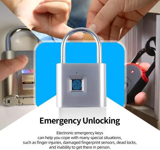 Alt view image 4 of 7 - Fingerprint Padlock with Emergency Key, IP66 Waterproof and Rustproof, Outdoor Indoor Universal Smart Lock for Warehouses, Gym, Schools, Homes, Office Cabinets(Sliver-Plus)