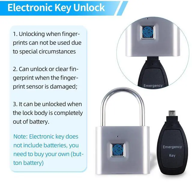 Alt view image 3 of 7 - Fingerprint Padlock with Emergency Key, IP66 Waterproof and Rustproof, Outdoor Indoor Universal Smart Lock for Warehouses, Gym, Schools, Homes, Office Cabinets(Sliver-Plus)