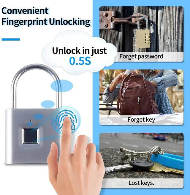 Alt view image 5 of 7 - Fingerprint Padlock with Emergency Key, IP66 Waterproof and Rustproof, Outdoor Indoor Universal Smart Lock for Warehouses, Gym, Schools, Homes, Office Cabinets(Sliver-Plus)