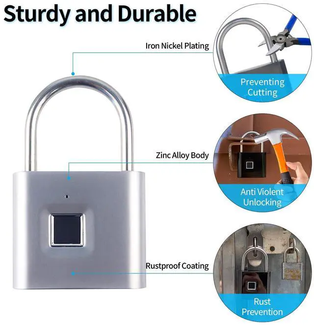 Alt view image 6 of 7 - Fingerprint Padlock with Emergency Key, IP66 Waterproof and Rustproof, Outdoor Indoor Universal Smart Lock for Warehouses, Gym, Schools, Homes, Office Cabinets(Sliver-Plus)