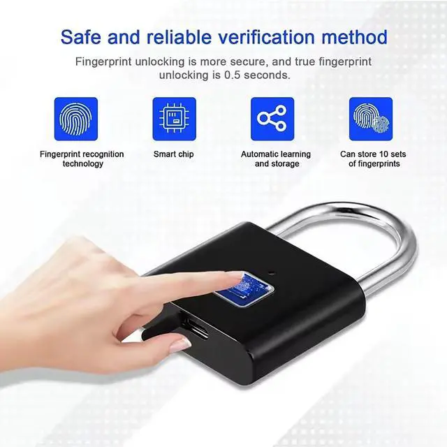 Alt view image 5 of 7 - Fingerprint Padlock, Keyless Biometric Gate Locks for Outdoor Fence Storage Gym, Smart Lock with USB Rechageable (Black)