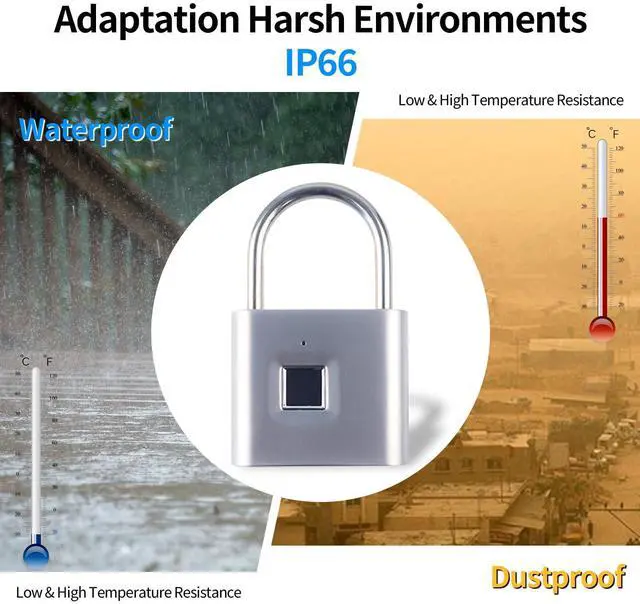 Alt view image 7 of 7 - Fingerprint Padlock with Emergency Key, IP66 Waterproof and Rustproof, Outdoor Indoor Universal Smart Lock for Warehouses, Gym, Schools, Homes, Office Cabinets(Sliver-Plus)