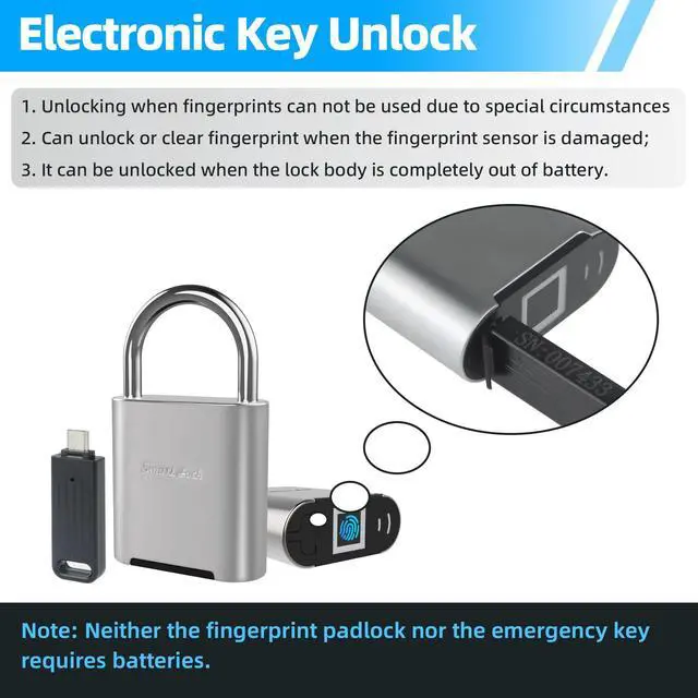 Alt view image 6 of 7 - Fingerprint Padlock, Biometric Smart Lock, IP66 Waterproof, Rechargeable Zinc Alloy Gym Lock for Athletes, Students, Swimmers & Outdoor Enthusiasts, for School Lockers, Pools & Luggage