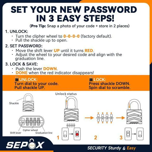 Alt view image 7 of 7 - 2 Pack Large Combination Padlock Outdoor, 2.2" 55mm All-Weather Combo Lock, 4 Digit Resettable Heavy Duty High Security for Gate, Fence, Home, School, Warehouse, Storage, Chain, Fishing