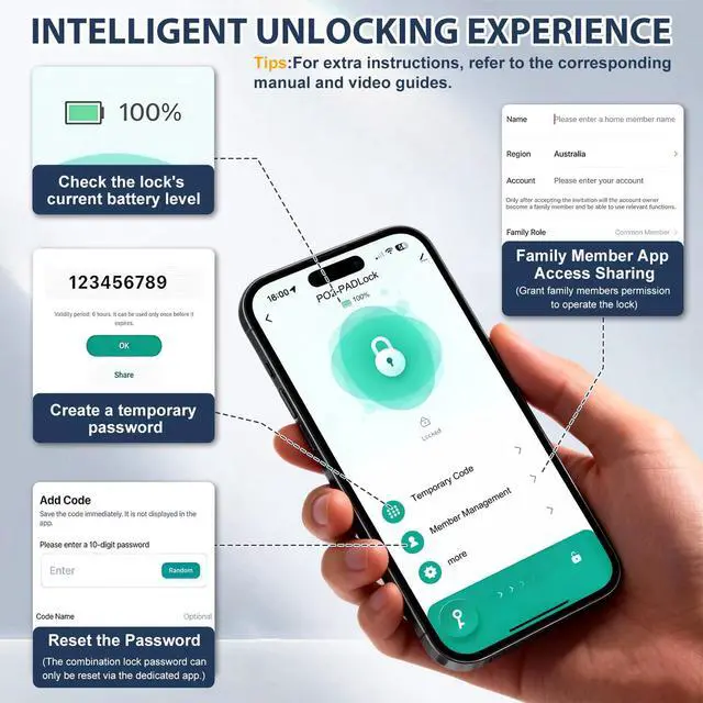 Alt view image 2 of 7 - Smart Combination Lock for Locker 6 Digit Password Digital Padlock with Tuya APP Contrl, Bluetooth Aluminum Alloy Code Combo Lock for Gym Push Button Security Padlock Waterproof Outdoor Gate Lock
