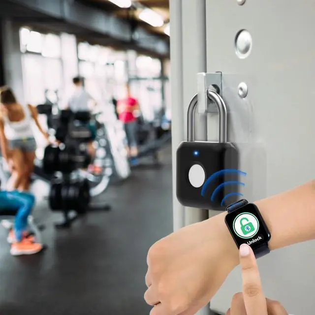 Alt view image 2 of 7 - Fingerprint Padlock eLinkSmart Gym Locker Lock for Boys with Phone App iOS Watch Metal Keyless Combination Locks for School Sports Locker Toolbox Hasp Storage Obsidian Black