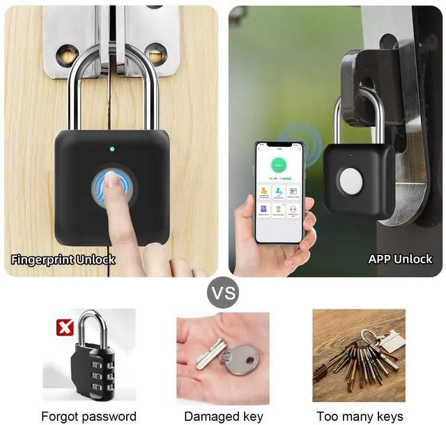 Alt view image 3 of 7 - Fingerprint Padlock eLinkSmart Gym Locker Lock for Boys with Phone App iOS Watch Metal Keyless Combination Locks for School Sports Locker Toolbox Hasp Storage Obsidian Black