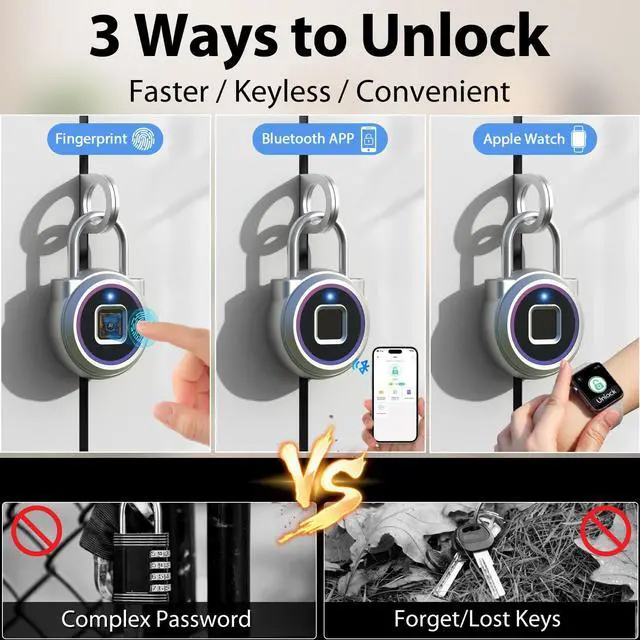 Alt view image 2 of 7 - Smart Padlock,Fingerprint Locker Lock,Biometric Fingerprint Padlock Outdoor Waterproof Gym Lock for Locker Gym Fence Gate Toolbox Case Storage