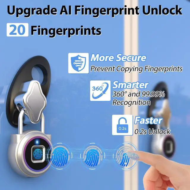 Alt view image 3 of 7 - Smart Padlock,Fingerprint Locker Lock,Biometric Fingerprint Padlock Outdoor Waterproof Gym Lock for Locker Gym Fence Gate Toolbox Case Storage