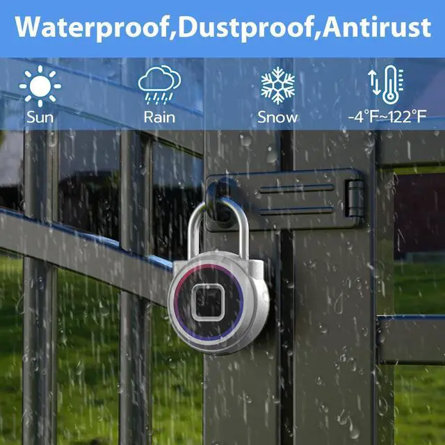 Alt view image 6 of 7 - Smart Padlock,Fingerprint Locker Lock,Biometric Fingerprint Padlock Outdoor Waterproof Gym Lock for Locker Gym Fence Gate Toolbox Case Storage