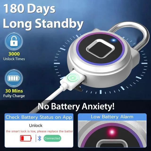 Alt view image 5 of 7 - Smart Padlock,Fingerprint Locker Lock,Biometric Fingerprint Padlock Outdoor Waterproof Gym Lock for Locker Gym Fence Gate Toolbox Case Storage