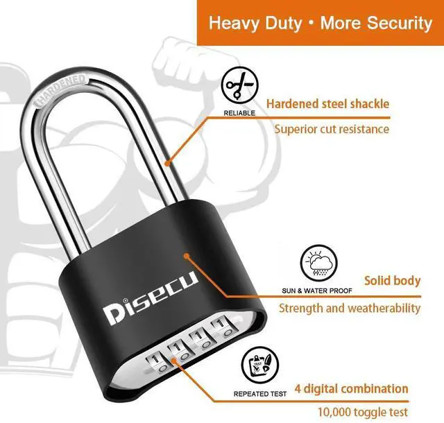 Alt view image 3 of 6 - 1 Pack disecu Heavy Duty 4 Digit Combination Lock, 2.5 Inch Long Shackle Outdoor Waterproof Padlock for School Gym Locker, Storage Unit, Fence, Gate, Toolbox (Black)