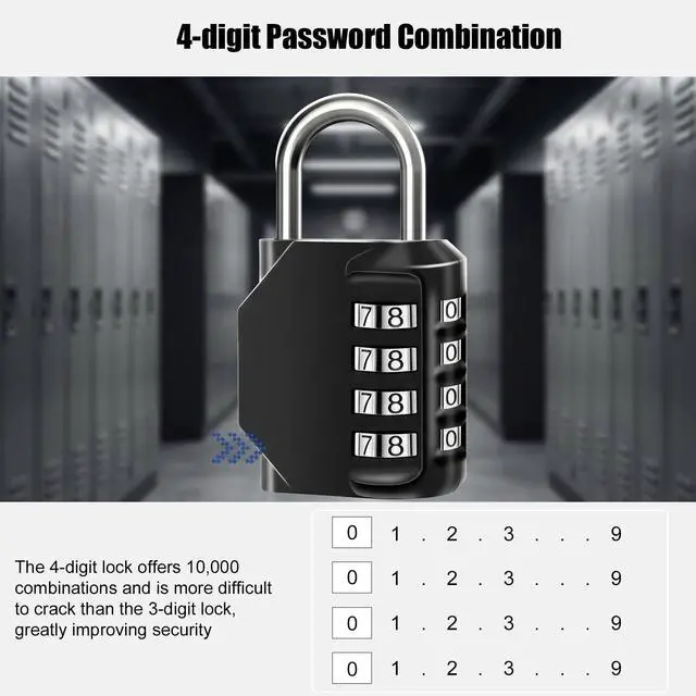 Alt view image 3 of 7 - Combination Lock, 4-Digit Waterproof Padlocks with Combination Code, Zinc Alloy Outdoor Lock for Door, Gym, Tool Boxes, Schools, Fences, Cabinet & Storage-Dark Black