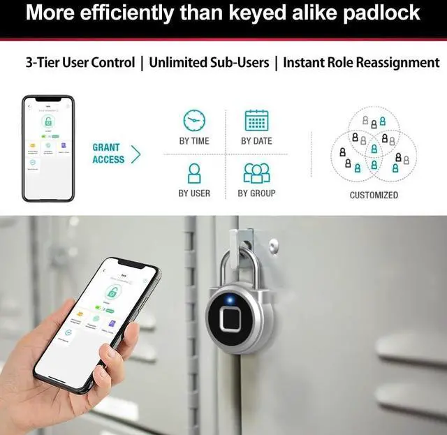 Alt view image 5 of 7 - Gym Locker Padlock with Fingerprint Remote Authorized Unlock Record - Waterproof Security Keyless Smart Lock for School Gym Locker Backpack Gun Case Field Box Silver Support iOS Watch