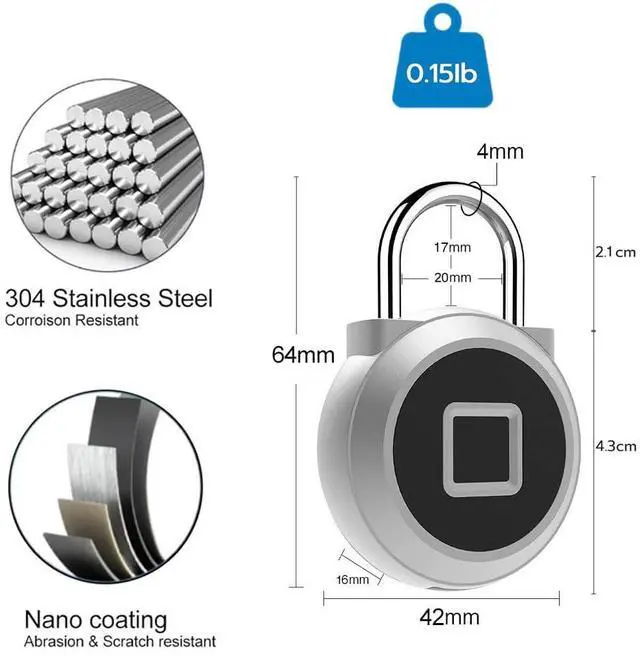 Alt view image 7 of 7 - Gym Locker Padlock with Fingerprint Remote Authorized Unlock Record - Waterproof Security Keyless Smart Lock for School Gym Locker Backpack Gun Case Field Box Silver Support iOS Watch