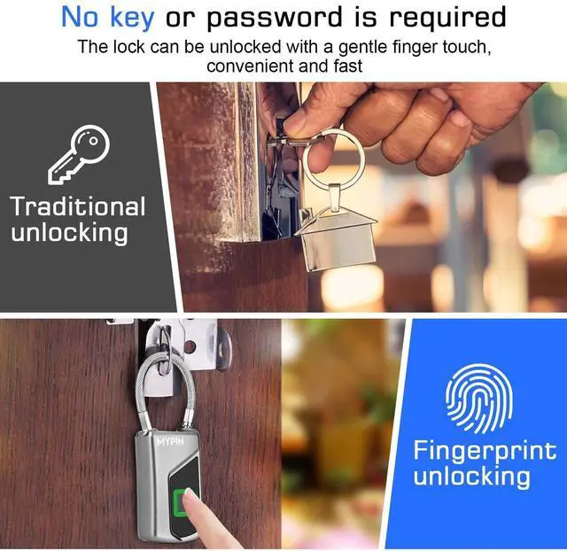 Alt view image 2 of 7 - Fingerprint Lock with Key Backup, Smart keyless Waterproof Fingerprint Padlock Ideal for Gym, Door, Suitcase, Luggage Backpack, Bike, Office