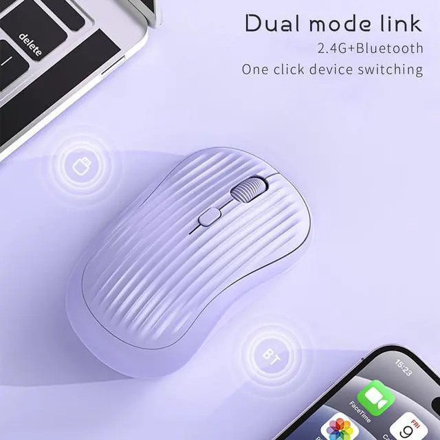 Alt view image 2 of 7 - Wireless Mouse, 2.4G + BT, Rechargeable Battery, 4-Key, DPI: 800/1200/1600, Silent, Type-C, USB Nano Receiver, Ergonomic, Portable, for Laptop, Chromebook, PC, Mac, Windows (Violet)