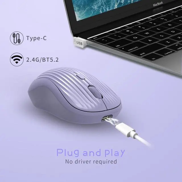 Alt view image 5 of 7 - Wireless Mouse, 2.4G + BT, Rechargeable Battery, 4-Key, DPI: 800/1200/1600, Silent, Type-C, USB Nano Receiver, Ergonomic, Portable, for Laptop, Chromebook, PC, Mac, Windows (Violet)