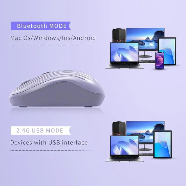 Alt view image 7 of 7 - Wireless Mouse, 2.4G + BT, Rechargeable Battery, 4-Key, DPI: 800/1200/1600, Silent, Type-C, USB Nano Receiver, Ergonomic, Portable, for Laptop, Chromebook, PC, Mac, Windows (Violet)