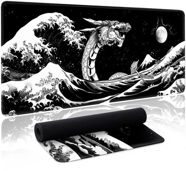 Main image of Japanese Wave Dragon Gaming Mouse Pad Large Desk Mat Black Extended Keyboard Mouse Pad Gaming Mousepad with Non-Slip Base Stitched Edge Mouse Mat Desk Pad 31.5 X 11.8 Mouse Pads for Desk Home Office