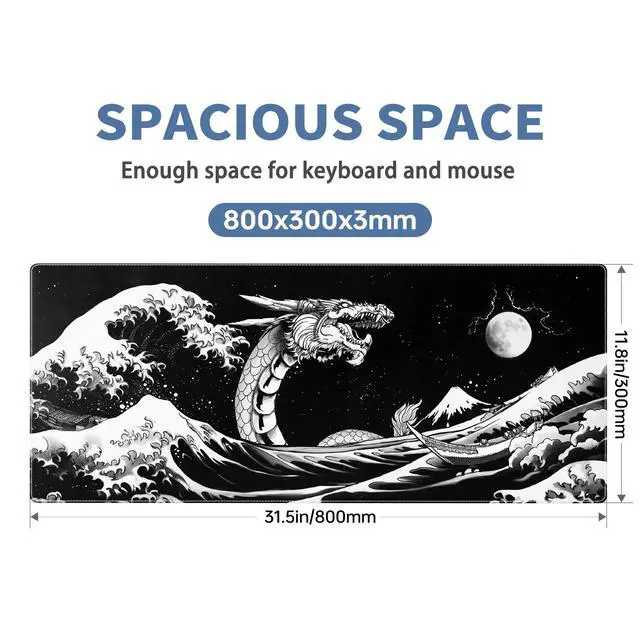 Alt view image 2 of 7 - Japanese Wave Dragon Gaming Mouse Pad Large Desk Mat Black Extended Keyboard Mouse Pad Gaming Mousepad with Non-Slip Base Stitched Edge Mouse Mat Desk Pad 31.5 X 11.8 Mouse Pads for Desk Home Office