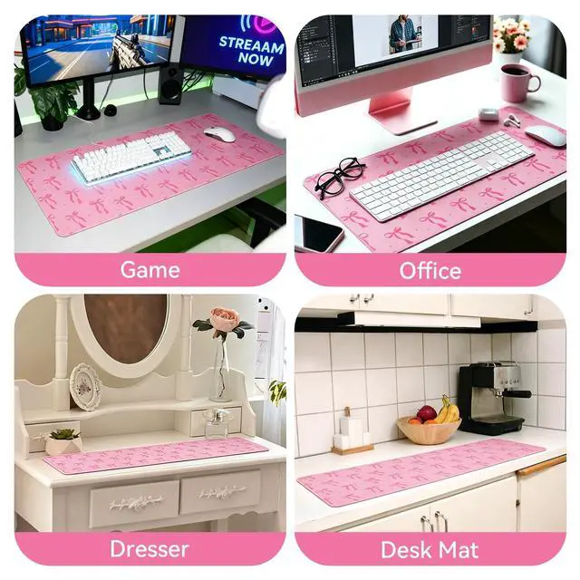 Alt view image 2 of 7 - Large Gaming Mouse Pad 31.5 x 11.8in Desk Mat for Office Mousepad Anti-Skid Rubber Base Soft Comfortable and Durable Desk Pad (Pink Bow)